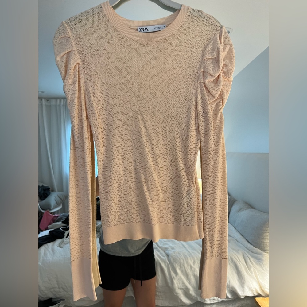 Zara beige lace detailed sweater with ruffle shoulders